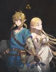  1boy 1girl bangs blonde_hair blue_eyes breasts dress earrings gloves hair_between_eyes highres jewelry link lino_chang long_hair long_sleeves master_sword pointy_ears ponytail princess_zelda shield side-by-side sword the_legend_of_zelda the_legend_of_zelda:_breath_of_the_wild weapon 