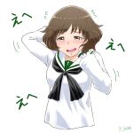  1girl akiyama_yukari arm_up artist_name bangs black_neckwear blouse blush brown_eyes brown_hair commentary cropped_torso eyebrows_visible_through_hair flying_sweatdrops girls_und_panzer half-closed_eyes hand_on_own_face hands_in_hair highres long_sleeves messy_hair motion_lines neckerchief ooarai_school_uniform open_mouth sailor_collar satou_yasu school_uniform serafuku short_hair signature simple_background smile solo translated upper_body white_background white_blouse white_sailor_collar 