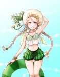  1girl ahoge blue_eyes bracelet braid breasts closed_mouth ebi_puri_(ebi-ebi) fire_emblem fire_emblem_fates fire_emblem_heroes floating floating_object food_print hat holding jewelry looking_at_viewer medium_breasts plant simple_background watermelon_print white_hair 