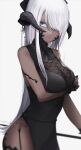  1girl au_ra black_dress black_nails blurry closed_mouth cowboy_shot dark_skin depth_of_field dress final_fantasy final_fantasy_xiv fingernails hair_over_one_eye highres horns long_hair looking_at_viewer migihidari_(puwako) nail_polish one_eye_covered scales simple_background smile solo standing very_long_hair violet_eyes white_background white_hair 