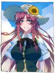  1girl bangs black_bow blue_eyes blue_sky blush bow braid chinese_clothes cowboy_shot eyebrows_visible_through_hair eyes_visible_through_hair flower hair_bow hat highres himajinsan0401 hong_meiling long_hair looking_at_viewer outdoors parted_bangs redhead short_sleeves sky smile solo straw_hat summer sunflower touhou twin_braids very_long_hair 