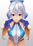  1girl bangs blue_bow blue_jacket blue_swimsuit bow breasts fate/grand_order fate_(series) hair_between_eyes hair_bow highleg highleg_swimsuit highres jacket keidai_3 large_breasts long_hair looking_at_viewer one-piece_swimsuit open_mouth ponytail red_eyes short_sleeves silver_hair swimsuit thighs tomoe_gozen_(fate/grand_order) tomoe_gozen_(swimsuit_saber)_(fate) two-tone_swimsuit white_swimsuit 