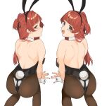  2girls 2l_(2lsize) :d absurdres all_fours animal_ears ass back bangs barefoot black_eyes black_legwear blunt_bangs blush breasts brown_hair brown_nails bunny_tail highres long_hair looking_at_viewer multiple_girls open_mouth original pantyhose playboy_bunny rabbit_ears simple_background smile tail teeth two_side_up white_background wrist_cuffs 