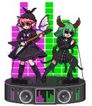  2girls alternate_costume animal_ears bangs bird_wings black_dress black_footwear black_headwear black_legwear boots cable choujuu_gigaku dog_ears dog_tail dress ears_up electric_guitar english_commentary eyebrows_visible_through_hair fang feathered_wings full_body green_hair guitar hands_up hat holding holding_instrument holding_microphone instrument juliet_sleeves kasodani_kyouko knee_boots loafers long_sleeves loudspeaker lowres microphone mob_cap multiple_girls music mystia_lorelei open_mouth pink_hair pixel_art playing_instrument pocket podium puffy_sleeves shoes short_hair sidelocks singing sunglasses tail the_hammer thigh-highs touhou transparent_background white_wings winged_hat wings zettai_ryouiki 