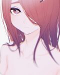  1girl blurry blurry_foreground closed_mouth collarbone depth_of_field hair_ornament hairclip long_hair looking_at_viewer migihidari_(puwako) nude original portrait red_eyes redhead simple_background solo white_background 