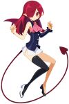  1girl :o alternate_costume alternate_hairstyle ascot black_legwear demon_girl demon_tail demon_wings detached_sleeves disgaea disgaea_rpg etna full_body hair_over_one_eye long_hair mismatched_footwear official_art pointy_ears red_eyes red_tail red_wings redhead simple_background single_sleeve single_thighhigh sleeveless solo tail thigh-highs white_background wings 