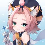  1girl :o animal_ears bare_shoulders blush cabbie_hat cat_ears cup diona_(genshin_impact) face genshin_impact green_eyes hair_ornament half-closed_eyes hat highres pink_hair smile solo 