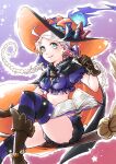  1girl ahoge blue_eyes braid breasts broom broom_riding candy closed_mouth ebi_puri_(ebi-ebi) fire_emblem fire_emblem_fates fire_emblem_heroes food halloween halloween_costume hat holding looking_at_viewer medium_breasts nina_(fire_emblem) simple_background white_hair witch_costume witch_hat 