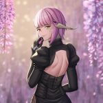  1girl andonoz au_ra back_cutout bangs black_gloves blurry blurry_background clothing_cutout dragon_horns final_fantasy final_fantasy_xiv from_behind gloves heterochromia horns long_sleeves looking_at_viewer looking_back petals pink_hair puffy_long_sleeves puffy_sleeves scales short_hair smile solo upper_body 