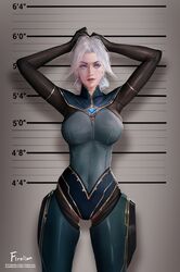  1girl arms_up blue_eyes bodysuit breasts camille_(league_of_legends) cyborg firolian hair_bun height_chart highres large_breasts league_of_legends lips mechanical_legs mugshot parted_lips short_hair solo white_hair 