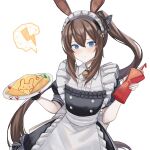  1girl a_iri_a alternate_costume amiya_(arknights) animal_ears apron arknights bangs bell black_dress blue_eyes blush brown_hair dress food frilled_apron frilled_dress frills hair_between_eyes hair_ribbon highres holding holding_plate ketchup ketchup_bottle long_hair maid_headdress omelet omurice plate ponytail rabbit_ears ribbon short_sleeves sidelocks simple_background smile solo white_apron white_background 