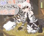  &gt;:) /\/\/\ 1girl :3 =3 aardwolf_(kemono_friends) aardwolf_ears aardwolf_print aardwolf_tail afterimage animal_ears bare_shoulders beckoning black_hair black_neckwear black_shorts blush_stickers breast_pocket closed_mouth collared_shirt cutoffs elbow_gloves extra_ears eyebrows_visible_through_hair full_body gloves grey_eyes grey_hair hair_between_eyes hay high_ponytail highres indoors kemono_friends kneeling leaning_to_the_side legwear_under_shorts long_hair looking_at_viewer multicolored_hair necktie outstretched_arm pantyhose pillow pocket print_gloves print_legwear print_shirt shirt shoes shorts sleeveless sleeveless_shirt smile solo striped tail translation_request two-tone_hair v-shaped_eyebrows wing_collar wonderful_waon 