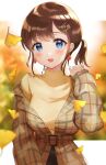  1girl :d arm_up autumn autumn_leaves bangs belt blue_eyes blurry blurry_background brown_hair brown_jacket brown_shirt commentary_request cowboy_shot earrings eyebrows_visible_through_hair ginkgo hair_ornament hairclip highres jacket jewelry leaf letterboxed long_sleeves looking_at_viewer nail_polish niwata0 open_mouth original plaid_jacket shirt short_hair side_ponytail sidelocks smile solo standing turtleneck upper_body x_hair_ornament 