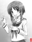  1girl :d artist_logo bangs blouse eyebrows_visible_through_hair girls_und_panzer gofu greyscale long_sleeves looking_at_viewer monochrome neckerchief nishizumi_miho ooarai_school_uniform open_mouth pleated_skirt pointing sailor_collar school_uniform serafuku short_hair skirt smile solo 