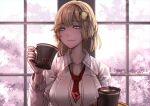  1girl absurdres bangs blonde_hair blue_eyes breasts cup highres holding holding_cup holding_tray hololive hololive_english large_breasts looking_at_viewer medium_hair mistimagi solo squinting tea tray virtual_youtuber watson_amelia 