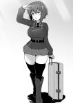 1girl bangs belt boots breasts briefcase commentary dress_shirt epaulettes full_body girls_und_panzer greyscale highres jacket knee_boots large_breasts long_sleeves looking_to_the_side military military_uniform miniskirt monochrome necktie niedersachsen_military_uniform nishizumi_maho open_mouth pleated_skirt shading_eyes shadow shanaharuhi shirt short_hair skindentation skirt solo thigh-highs uniform wide_hips wing_collar zipper