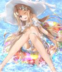  1girl abigail_williams_(fate/grand_order) abigail_williams_(swimsuit_foreigner)_(fate) bangs bare_shoulders bikini blonde_hair blue_eyes blush bonnet bow breasts fate/grand_order fate_(series) forehead hair_bow hat highres innertube knees_together_feet_apart legs long_hair looking_at_viewer miniskirt navel one_eye_closed open_mouth parted_bangs sakazakinchan sidelocks skirt small_breasts smile sun_hat swimsuit very_long_hair water white_bikini white_bow white_headwear 