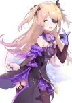  1girl absurdres bangs bare_shoulders blonde_hair blush bodystocking bow breasts eyepatch fischl_(genshin_impact) genshin_impact gloves green_eyes hair_over_one_eye highres isutoon_(ist3129) long_hair looking_at_viewer looking_to_the_side medium_breasts open_mouth purple_bow purple_neckwear single_glove single_leg_pantyhose single_thighhigh thigh-highs thighs two_side_up 