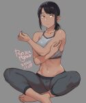  1girl 2020 agawa_ryou bare_shoulders barefoot breasts collarbone commentary dark_skin dated english_commentary grey_background indian_style long_hair looking_to_the_side midriff navel original ponytail simple_background sitting solo 