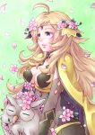  1girl ahoge animal blonde_hair breasts cape circlet closed_mouth dark_mage_(fire_emblem_fates) ebi_puri_(ebi-ebi) feh_(fire_emblem_heroes) fire_emblem fire_emblem_fates fire_emblem_heroes flower grey_eyes holding holding_animal long_hair looking_to_the_side medium_breasts ophelia_(fire_emblem) petals simple_background 
