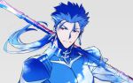  1boy armor beads blue_hair blue_sky closed_mouth clouds cu_chulainn_(fate)_(all) earrings fate/stay_night fate_(series) gae_bolg grey_background hair_beads hair_ornament highres jewelry kon_manatsu lancer long_hair looking_to_the_side male_focus pauldrons ponytail red_eyes shoulder_armor simple_background sky solo spiky_hair type-moon 