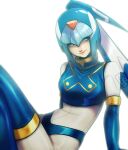  1girl absurdres android blue_eyes blue_hair bodysuit boots breasts dew_borb elbow_gloves gloves helmet highres leviathan_(rockman) looking_at_viewer robot rockman rockman_zero simple_background sitting smile solo thigh-highs thigh_boots white_background 