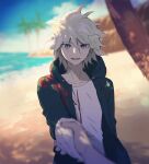  1boy 1other :d bangs beach blue_eyes blurry blurry_background collarbone commentary_request dangan_ronpa_(series) dangan_ronpa_2:_goodbye_despair day erigushi green_jacket hair_between_eyes holding_hands hood hood_down hooded_jacket jacket komaeda_nagito looking_at_viewer male_focus open_clothes open_mouth outdoors palm_tree pov print_shirt shirt short_hair smile solo tree upper_body upper_teeth white_shirt 