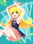  abstract_background alternate_costume armpits blonde_hair blue_dress blush_stickers double_v dress fang highres monogatari_(series) msmrdaaaaa open_mouth oshino_shinobu pointy_ears short_dress shoulder_blush v yellow_eyes 