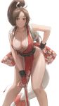  1girl absurdres bare_shoulders blush breasts brown_eyes brown_hair cleavage closed_mouth collarbone eyebrows_visible_through_hair fan fatal_fury floral_print free_style_(yohan1754) hand_on_hip high_ponytail highres holding holding_fan japanese_clothes kimono large_breasts leaning_forward light_smile long_hair looking_at_viewer no_bra no_panties obi pelvic_curtain ponytail red_kimono sash shiranui_mai simple_background sleeveless sleeveless_kimono solo the_king_of_fighters thighs white_background yohan1754 