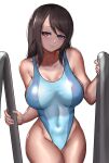  1girl absurdres bangs blue_swimsuit breasts brown_eyes brown_hair collarbone commentary_request competition_swimsuit covered_navel cowboy_shot girls_und_panzer highleg highleg_swimsuit highres large_breasts long_hair looking_at_viewer mika_(girls_und_panzer) one-piece_swimsuit pool_ladder solo swimsuit takefu_jiin 