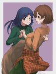  2girls alternate_hairstyle black_hair brown_dress brown_eyes brown_hair brown_sweater clothes_around_waist commentary_request cowboy_shot dress green_pants green_sweater hair_down highres hiryuu_(kancolle) holding holding_clothes jacket jacket_around_waist kantai_collection long_hair looking_at_viewer multiple_girls official_alternate_costume pants smile souryuu_(kancolle) sweater umibudou unmoving_pattern 