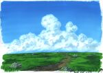  blue_sky clouds dated day grass highres no_humans original outdoors path photoshop_(medium) road rock sawitou_mizuki scenery sky traditional_media 