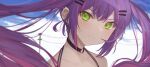  1girl absurdres bare_shoulders black_choker blush choker clouds ear_piercing fang fang_out floating_hair green_eyes hair_ornament hairclip halter_top halterneck highres hololive long_hair looking_at_viewer multiple_piercings o-ring o-ring_choker outdoors piercing purple_hair takasumikei tokoyami_towa twintails virtual_youtuber wind 