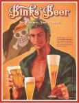  1boy absurdres alcohol beer brown_eyes collarbone earrings english_text fake_ad flag glass green_hair highres jewelry male_focus one_eye_closed one_piece parody roronoa_zoro scar scar_across_eye signature smile solo toothpick upper_body vinutun 