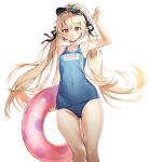  1girl absurdres armpits blonde_hair breasts commission grin hair_ribbon hat highres hyoin innertube long_hair looking_at_viewer medium_breasts name_tag one-piece_swimsuit original pointy_ears red_eyes ribbon school_swimsuit simple_background smile solo standing swimsuit thighs twintails wet white_background 