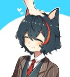  1boy ^_^ animal_ears black_hair blush closed_eyes closed_mouth dog_boy dog_ears english_commentary formal indie_virtual_youtuber male_focus merry_(vtuber) monomogi multicolored_hair necktie petting redhead shirt smile solo_focus streaked_hair suit upper_body vest virtual_youtuber 