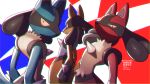  alternate_color arched_back closed_mouth commentary_request gen_4_pokemon grey_sclera highres light_frown looking_at_viewer looking_back lucario pokemon pokemon_(creature) repost_notice shiny shiny_pokemon spikes watermark yellow_fur yukifuri_tsuyu 