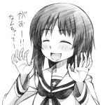  1girl :d bangs blouse claw_pose commentary eyebrows_visible_through_hair girls_und_panzer gofu greyscale long_sleeves monochrome neckerchief nishizumi_miho ooarai_school_uniform open_mouth sailor_collar school_uniform serafuku short_hair smile solo translation_request upper_body 