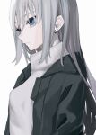  1girl blue_eyes closed_mouth ear_piercing earrings from_side green_jacket grey_hair highres jacket jewelry long_hair migihidari_(puwako) open_clothes open_jacket original piercing simple_background solo sweater upper_body white_background white_sweater 