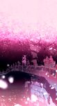  1girl architecture bridge canal cherry_blossoms commentary_request east_asian_architecture flower highres horn_ornament horn_ribbon horns ibuki_suika long_hair low-tied_long_hair oni orange_hair outdoors outstretched_arms petals pink_flower ribbon river scenery shirt sleeveless sleeveless_shirt spring_(season) touhou tree watari_(hasumi_rina) water white_shirt 