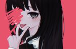 1girl :p black_eyes black_hair black_nails fingernails from_side hand_up long_hair looking_at_viewer looking_to_the_side migihidari_(puwako) nail_polish original piercing portrait red_background simple_background smile solo tongue tongue_out tongue_piercing v v_over_mouth 