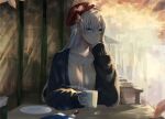  1girl anastasia_(fate) bar blue_eyes coffee_mug contemporary cup earrings fate/grand_order fate_(series) hat highres hitomin_(ksws7544) jewelry long_hair looking_to_the_side mug pendant silver_hair sleeves_past_wrists steam 