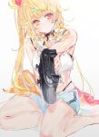  1girl blonde_hair highres hoshikawa_sara looking_at_viewer nijisanji nintendo_switch_pro_controller orange_eyes shia_job side_ponytail sitting solo virtual_youtuber white_background 