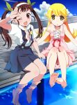  barefoot blush_stickers breasts brown_hair dress fang hachikuji_mayoi highres in_water monogatari_(series) msmrdaaaaa one_eye_closed open_mouth oshino_shinobu pink_dress salute skin_fang sky strap_slip twintails unbuttoned unbuttoned_shirt water yellow_eyes 