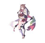  1girl absurdres armor asymmetrical_legwear axe bangs battle_axe breasts brown_eyes brown_hair closed_mouth commentary_request detached_sleeves dual_wielding elbow_gloves enkyo_yuuichirou fingerless_gloves fire_emblem fire_emblem_fates fire_emblem_heroes fox_mask full_body fur_trim gloves hana_(fire_emblem) headband highres holding holding_weapon japanese_clothes lips long_hair looking_at_viewer mask medium_breasts ninja official_art reverse_grip sandals shin_guards shiny shiny_hair shoulder_armor shuriken smile solo standing sword thighs tied_hair toeless_legwear toes weapon white_background 