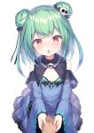  1girl bangs bare_shoulders blush breasts detached_sleeves double_bun dress eyebrows_visible_through_hair green_hair hair_ornament highres holding_hands hololive looking_at_viewer open_mouth red_eyes short_hair skull_hair_ornament smile topia uruha_rushia virtual_youtuber 