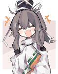  +++ 1girl black_headwear blush closed_eyes commentary_request fang grey_hair hand_up hat high_collar highres japanese_clothes kariginu long_hair mamimu_(ko_cha_22) mononobe_no_futo open_mouth ponytail skin_fang sleeves_past_fingers sleeves_past_wrists smile tate_eboshi touhou upper_body 