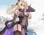  1girl bangs bare_shoulders black_gloves blonde_hair blush bodystocking bow breasts chuunibyou elbow_gloves eyepatch fischl_(genshin_impact) garter_straps genshin_impact gloves green_eyes hair_over_one_eye jewelry long_hair looking_at_viewer misako12003 pendant purple_bow purple_neckwear single_glove single_leg_pantyhose single_thighhigh small_breasts smile solo thigh-highs thighs two_side_up vision_(genshin_impact) 