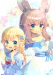  2girls :d animal_ear_fluff animal_ears bangs bare_shoulders blue_bow blue_dress blue_flower blush bow brown_hair closed_mouth commentary_request dress ear_piercing eyebrows_visible_through_hair final_fantasy final_fantasy_xiv floral_background flower green_eyes hair_between_eyes kouu_hiyoyo lalafell long_sleeves looking_at_viewer mole mole_under_eye multiple_girls off-shoulder_dress off_shoulder open_mouth original piercing pink_flower pointy_ears puffy_short_sleeves puffy_sleeves rabbit_ears red_flower short_sleeves smile striped striped_bow viera white_dress white_flower yellow_flower 
