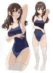  1girl 3: armpits blue_swimsuit brown_hair competition_school_swimsuit cowboy_shot full_body green_eyes hair_ornament hairclip highres long_hair looking_at_viewer mole mole_on_arm no_shoes open_mouth original ryu_(leon_esoragotonooto) school_swimsuit simple_background solo standing swimsuit thigh-highs white_background white_legwear 
